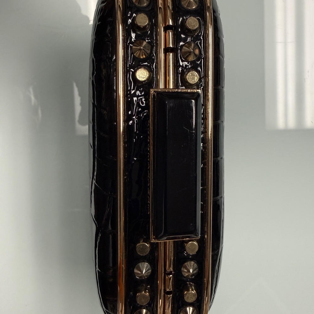 BCBGMaxAzria Black Croc Embossed Hard Clutch with Gold Trim - Picture 4 of 7